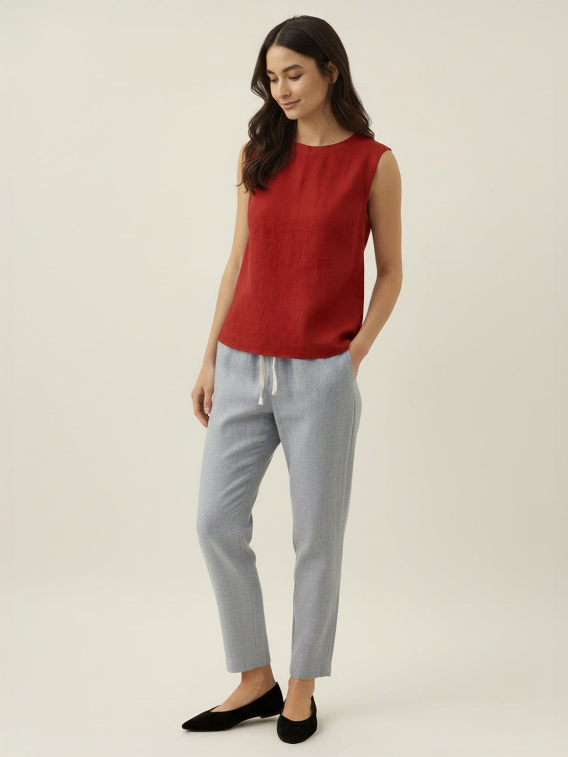 White cotton-linen sleeveless top with button back and relaxed A-line fit