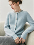100% Alashan cashmere ribbed knit cardigan with crystal collar and buttons, tailored fit