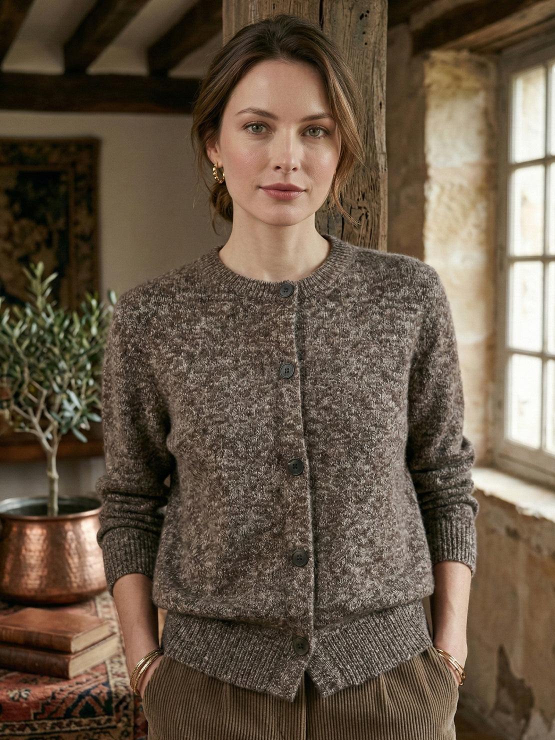 Marled knit merino wool cardigan with contrasting buttons and ribbed cuffs