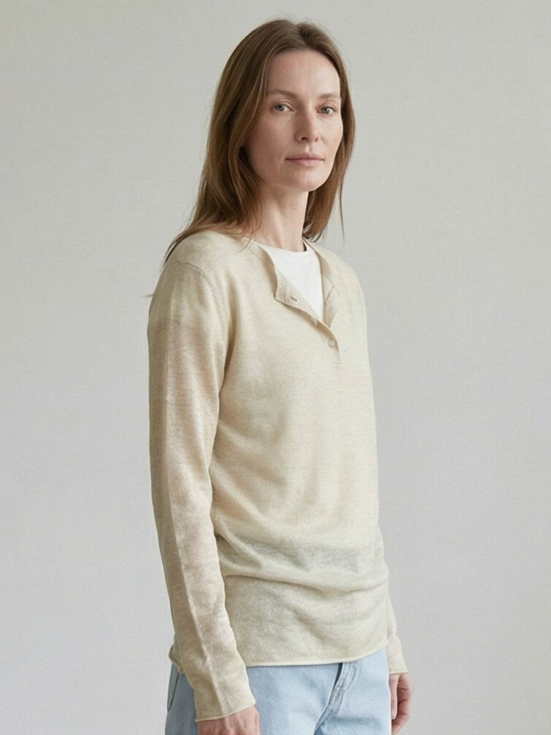 Organic Linen Henley Top fine knit long sleeve shirt with 3-button placket and side slits