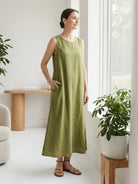 Lightweight 100% cotton linen sleeveless maxi dress with round neckline and flowing ankle-length silhouette