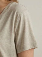 Linen-Bamboo V-Neck Tee with deep V-neckline, short sleeves, and relaxed fit in smooth linen and bamboo blend fabric