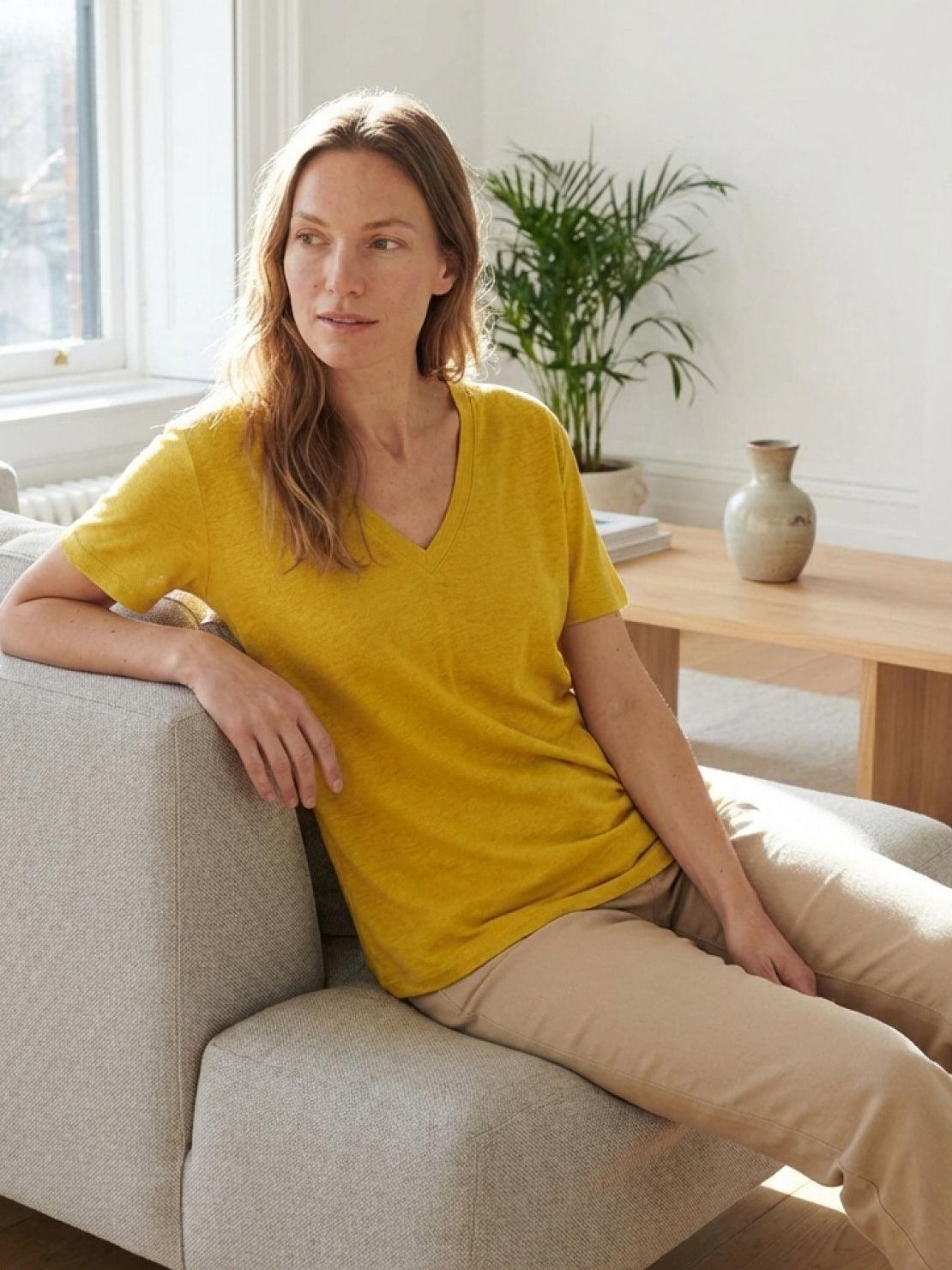 Linen-Bamboo V-Neck Tee with deep V-neck and relaxed fit in breathable linen and bamboo viscose blend