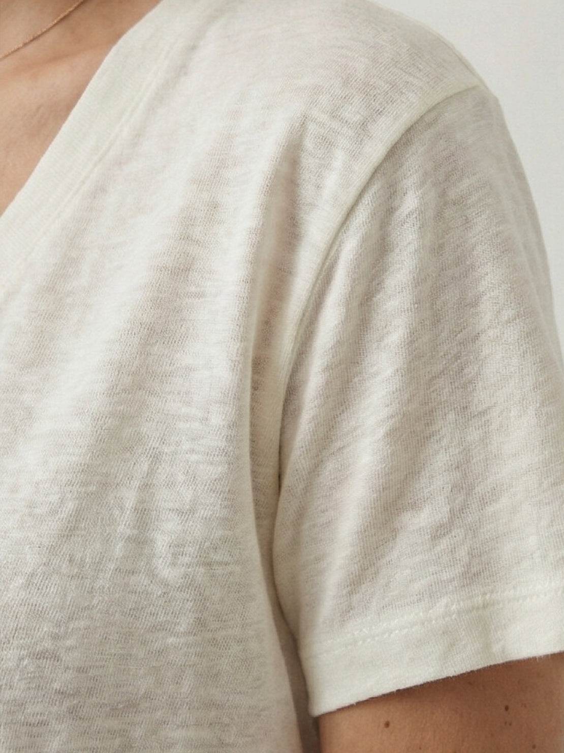 Linen-Bamboo V-Neck Tee in breathable, relaxed fit with deep V-neck and smooth drape