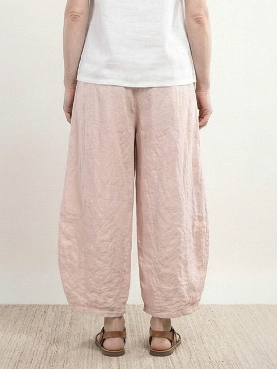 Lightweight 100% linen harem balloon pants with elastic drawstring waist and tapered ankles