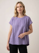 100% linen boxy cap-sleeve top with round neck and hip-length hem