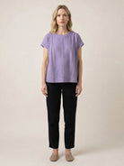 100% linen boxy cap-sleeve top with round scoop neck and hip-length hem