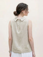 100% linen sleeveless cowl-collar top with boxy silhouette and natural crinkle texture