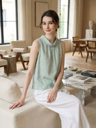 100% linen sleeveless cowl-collar top with relaxed boxy fit and natural crinkle texture
