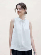 Sleeveless 100% linen cowl-collar top with boxy fit and A-line hem flare