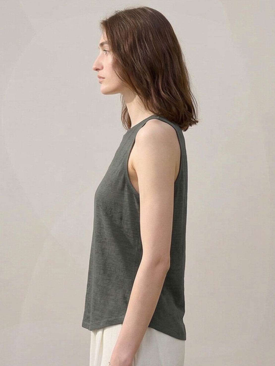 100% linen wide neck vest with cowl drape and boat neck styles