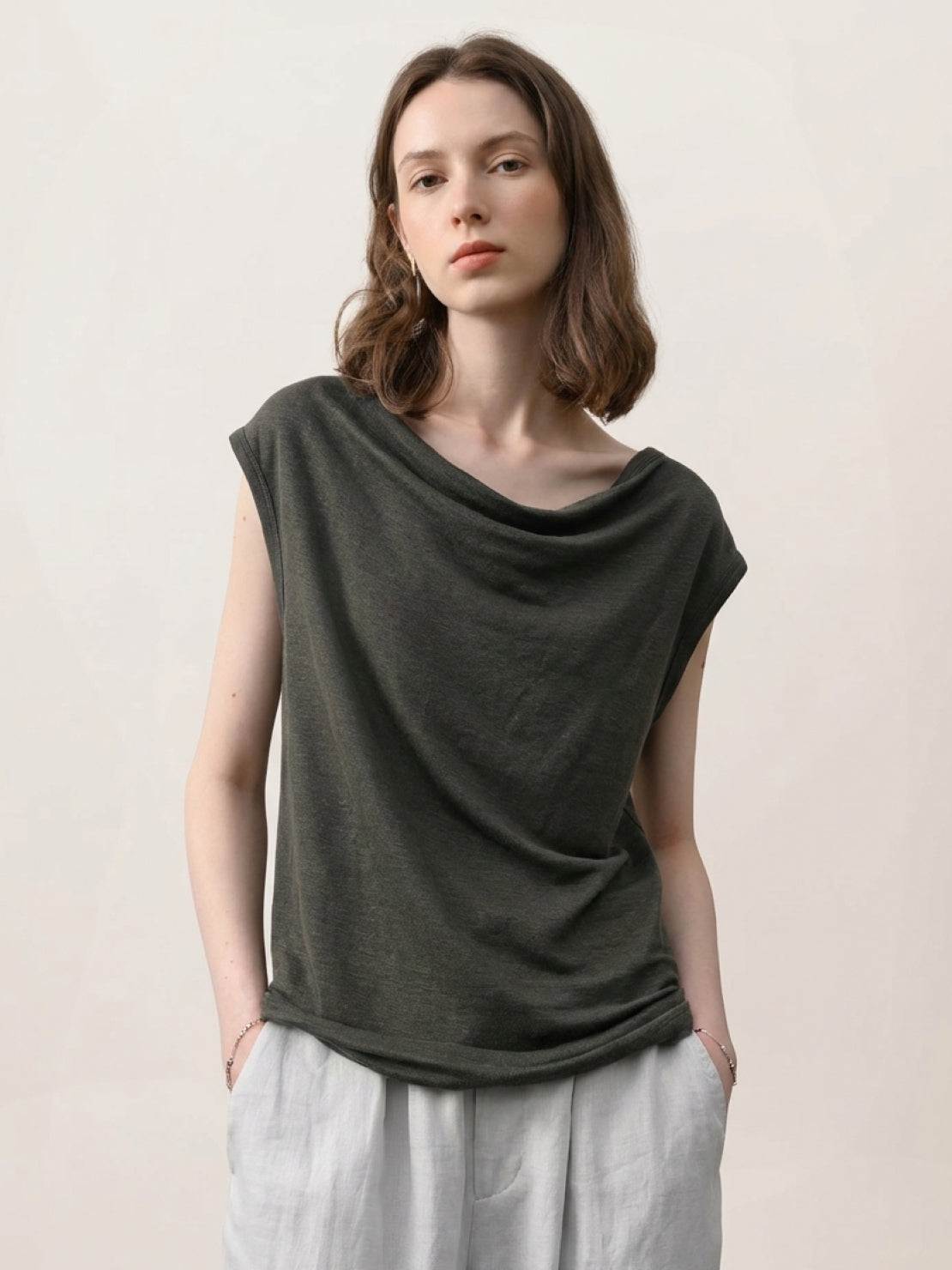 100% linen wide neck vest with cowl drape and boat neck styles, sleeveless and breathable fabric