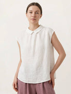 100% linen two-way button blouse with A-line silhouette and Peter Pan collar