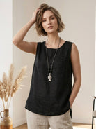 Lightweight 100% cotton linen sleeveless top with chest pocket and curved hem