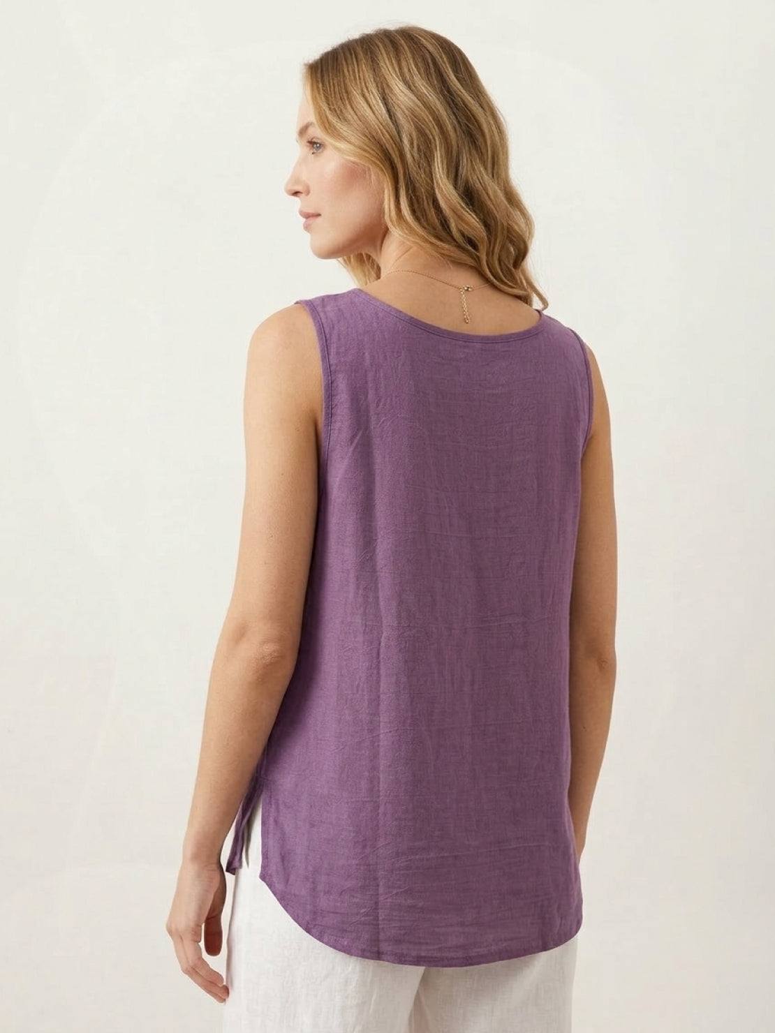 lightweight sleeveless cotton linen top with chest pocket and curved hem