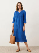 Relaxed A-line cotton linen dress with vertical pintuck pleats and 3/4 sleeves for breathable, comfortable wear