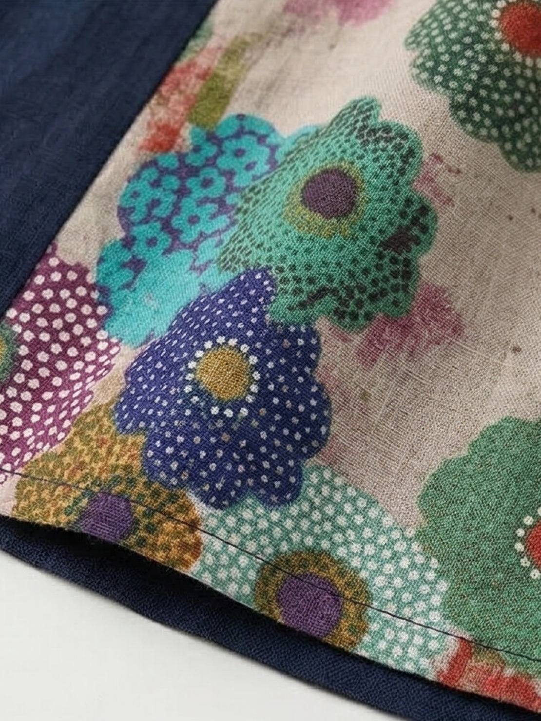 Oversized cotton linen floral shirt with round neckline and elbow sleeves