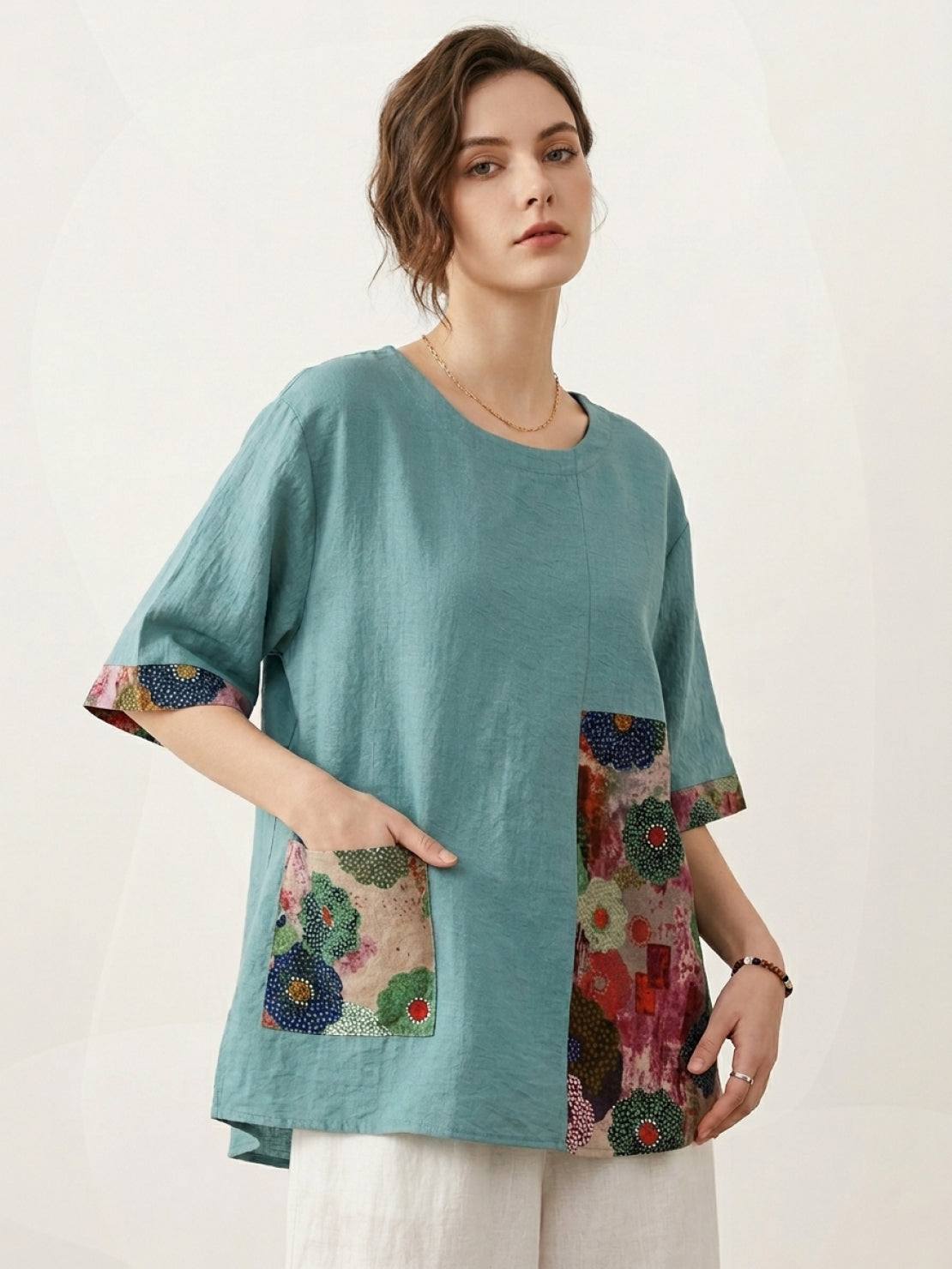 Oversized cotton linen shirt with botanical floral panel and elbow-length sleeves
