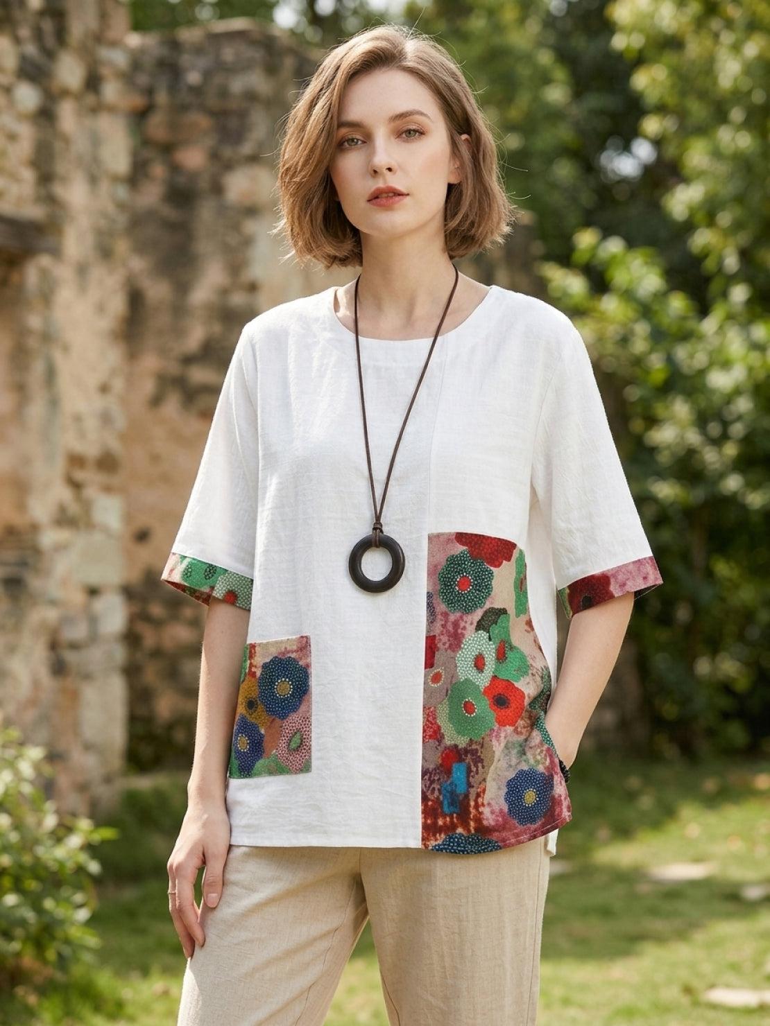 Oversized cotton linen floral shirt with round neckline and elbow-length sleeves featuring bold botanical panel