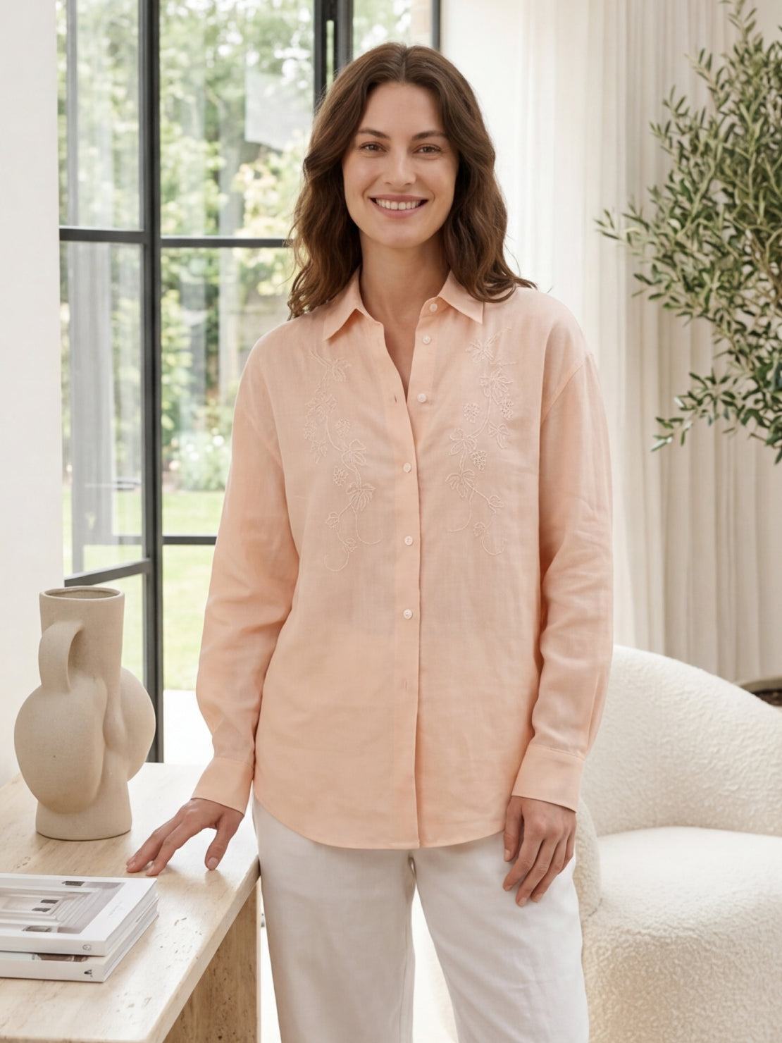 White Ramie Linen-Lyocell blend embroidered shirt with curved hem and side slits