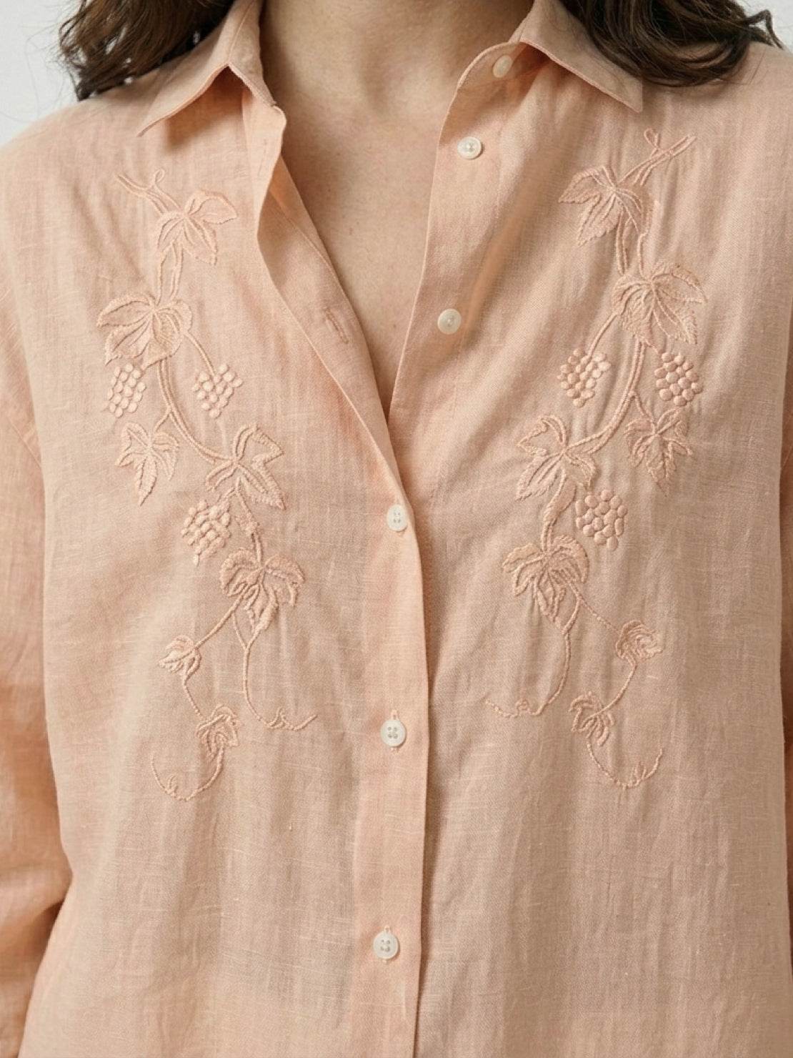 Ramie Linen-Lyocell embroidered relaxed tunic shirt with curved hem and floral detail