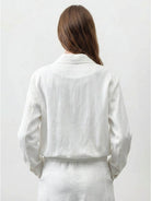 Linen-Lyocell zip bomber jacket with boxy fit, ribbed waistband, and front zip closure