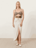 Gold-detail cutout one-piece swimsuit with ruched panels and midi wrap skirt beachwear set