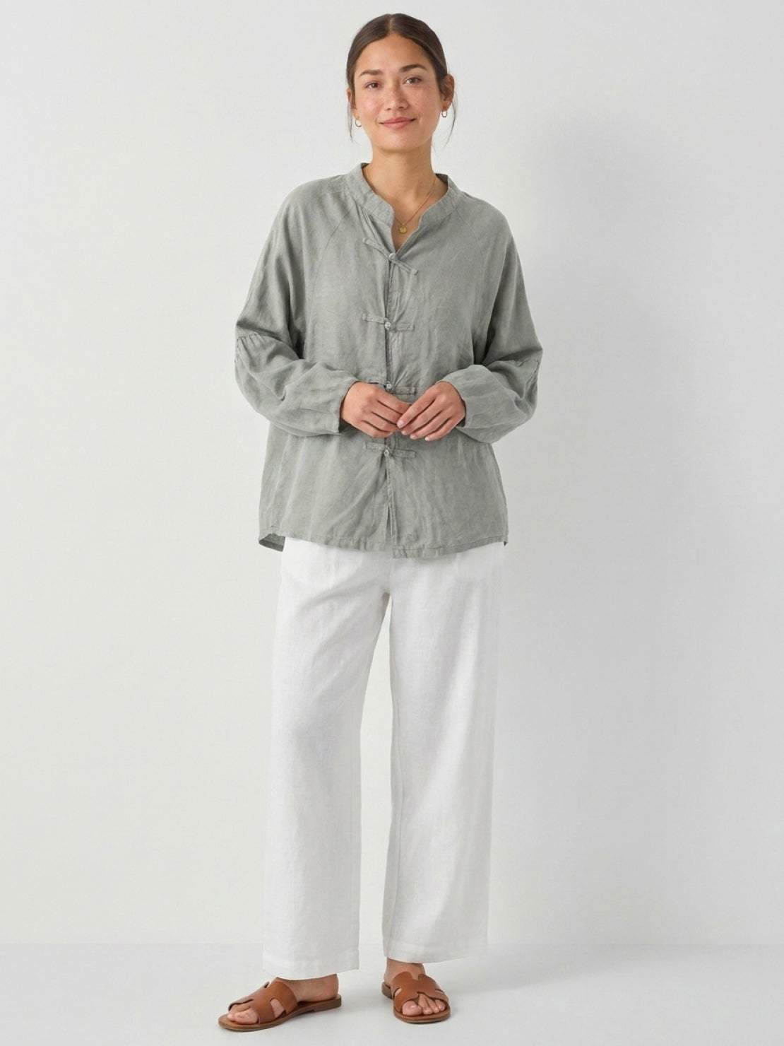 Oversized linen-cotton tang knot blouse with batwing sleeves and asymmetric hem