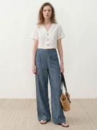 Pure linen yarn-dyed wide palazzo leg long pants with high-rise elastic waist and natural slub texture