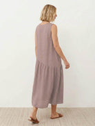 Lightweight cotton-linen summer midi dress with tiered skirt and round neckline in multiple colors