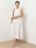 Lightweight cotton-linen summer midi dress with tiered skirt and round neckline in relaxed fit