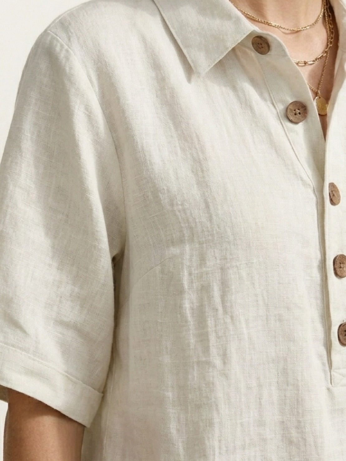 100% cotton beige co-ord with oversized button-front top and relaxed shorts