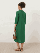 Navy linen-look midi dress with relaxed A-line fit, V-neckline, button detail, 3/4 sleeves, and side pockets