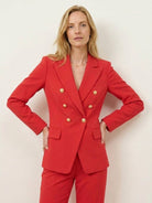 Double-breasted blazer and wide-leg trousers co-ord set with gold lion-head buttons and structured tailoring