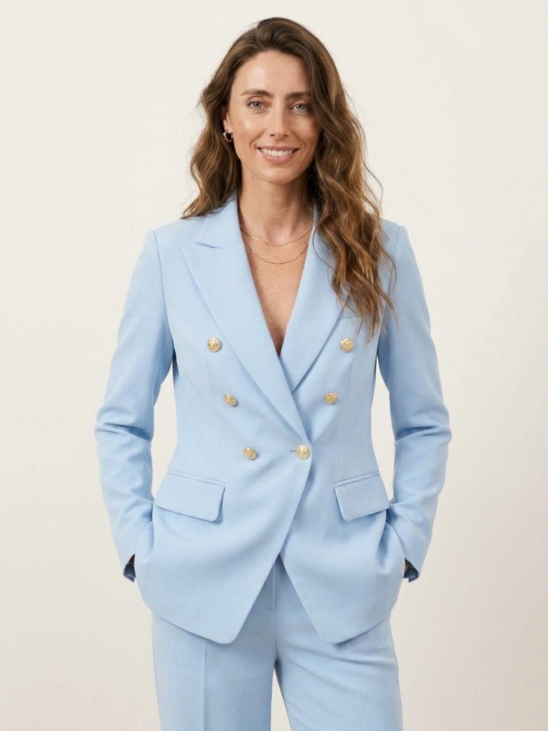 Double-breasted blazer and wide-leg trousers co-ord set with gold buttons and structured tailoring