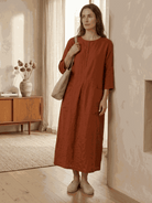Ankle-length 100% cotton A-line maxi dress with 3/4 sleeves and large hip pockets