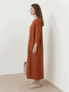 100% cotton A-line pocket maxi dress with 3/4 sleeves and side slits