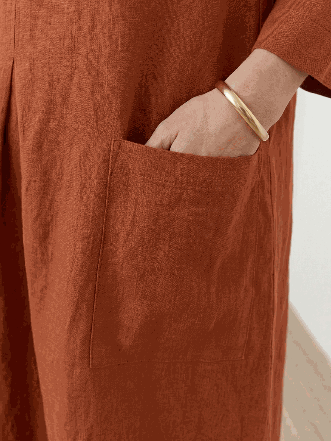 100% cotton A-line pocket maxi dress with 3/4 sleeves and ankle-length hem