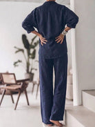 Woman wearing oversized 100% cotton shirt and wide-leg pants co-ord set in relaxed fit