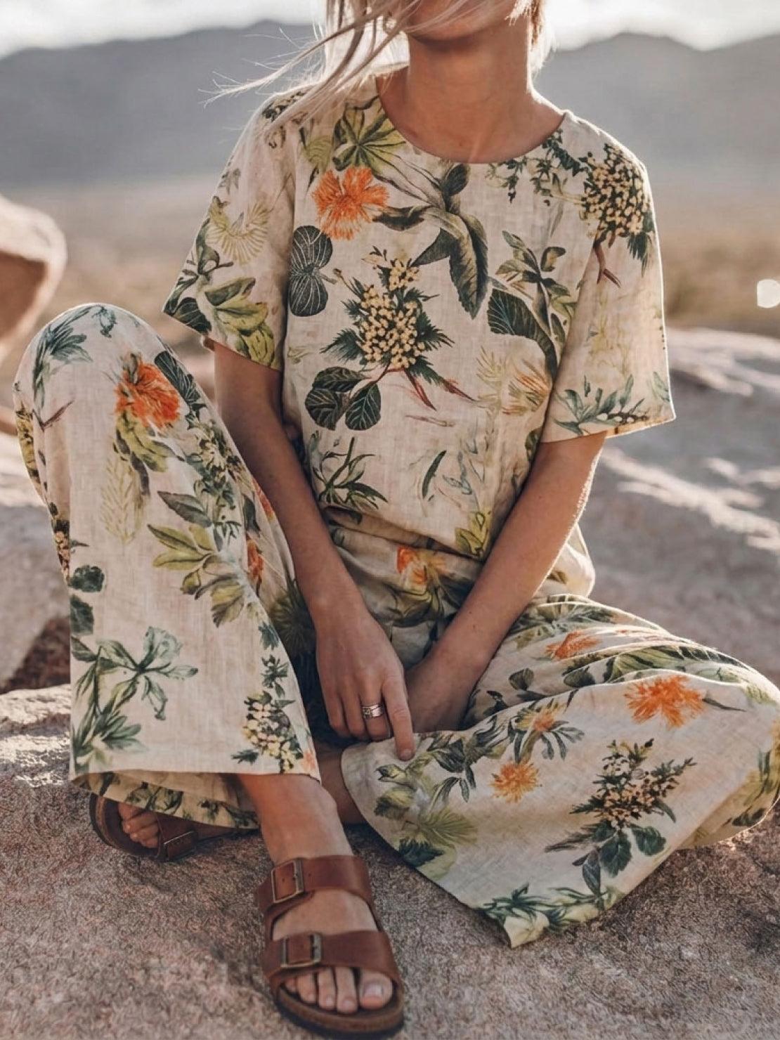 woman wearing soft-tailored loose fit co-ord set with wide-leg cotton trousers and relaxed top