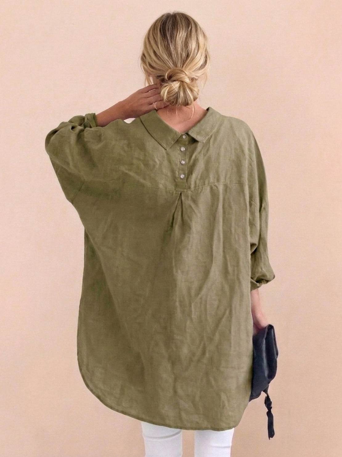 Oversized linen shirt in soft breathable cotton-linen blend with relaxed fit and back pleat details