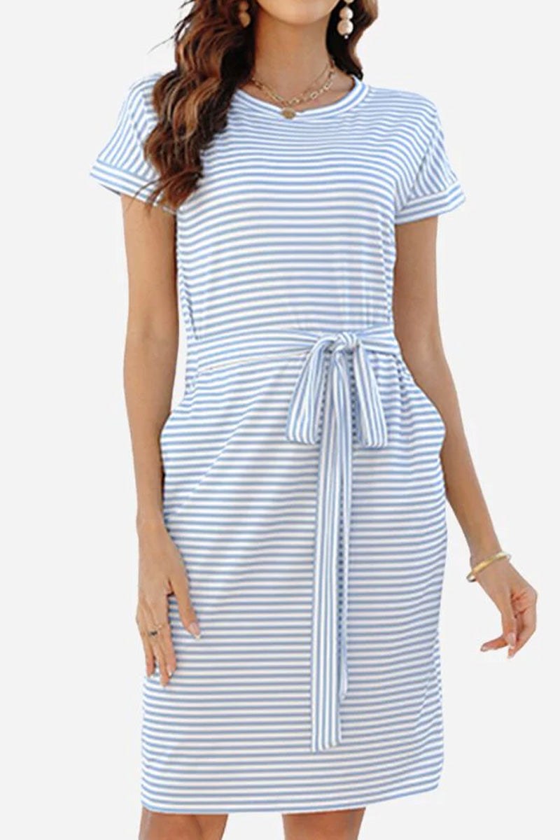 Woman wearing Airy Stripe Sheath Cotton Dress with blue and white stripes, short sleeves, crew neck, side pockets, and a tie waist belt
