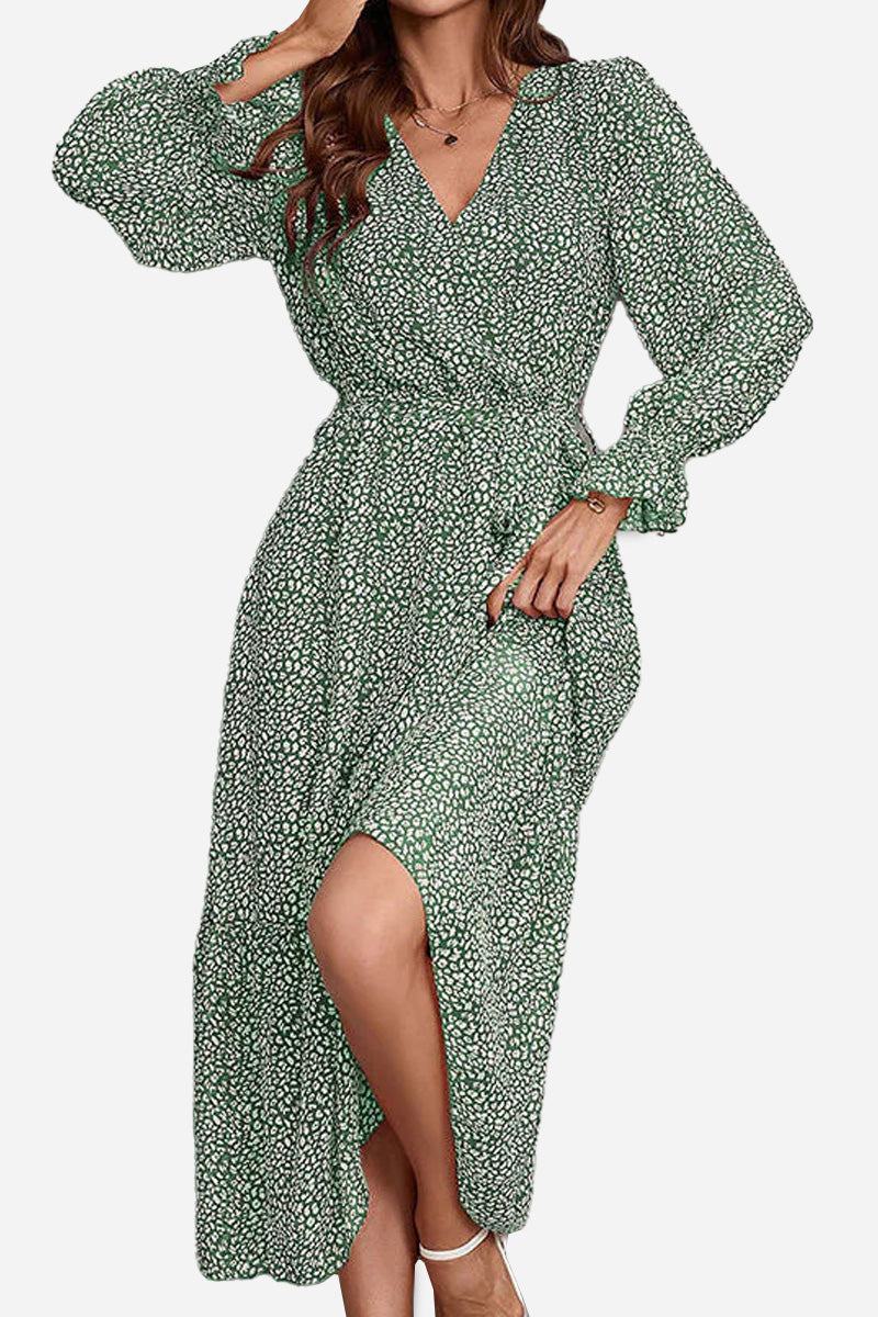 Green floral Bloom Wrap Midi Dress with V-neck, trumpet sleeves, and A-line silhouette