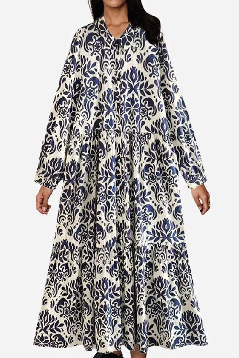 Blue floral lantern sleeves midi dress with loose fit and button-up front design.