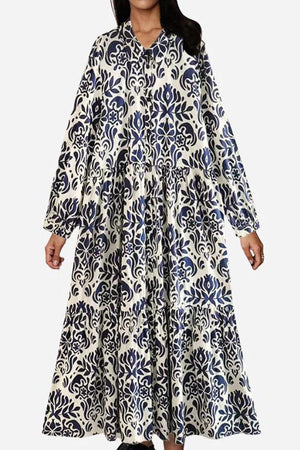Blue floral lantern sleeves midi dress with loose fit and button-up front design.