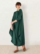 Loose fit bohemian maxi dress in linen blend with long sleeves and plus sizes