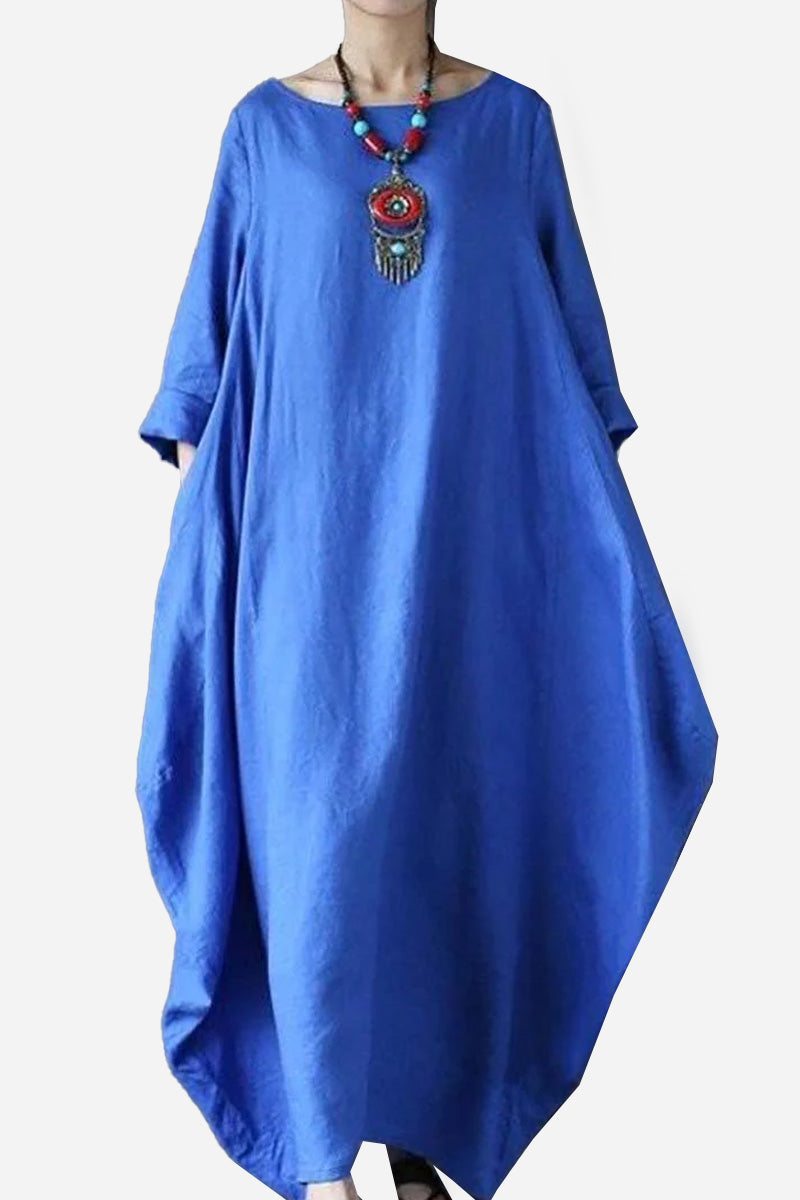 Blue oversized bohemian maxi dress with long sleeves and relaxed fit made from breathable linen blend