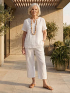 Breezy cotton blend two-piece set with short-sleeved shirt and elastic waist pants for comfortable summer wear