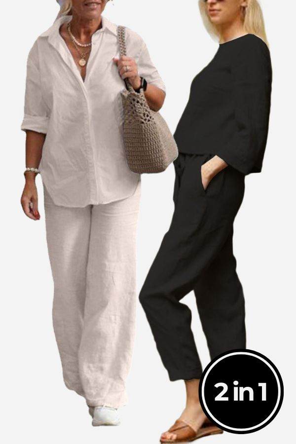 Two women wearing breathable casual chic duo sets, one in white relaxed cotton shirt and trousers, the other in black comfortable loose-fit top and pants, styled for versatile mix and match looks.