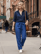Two women modeling Casual Chic Duo breathable cotton and linen two-piece sets in monochrome designs